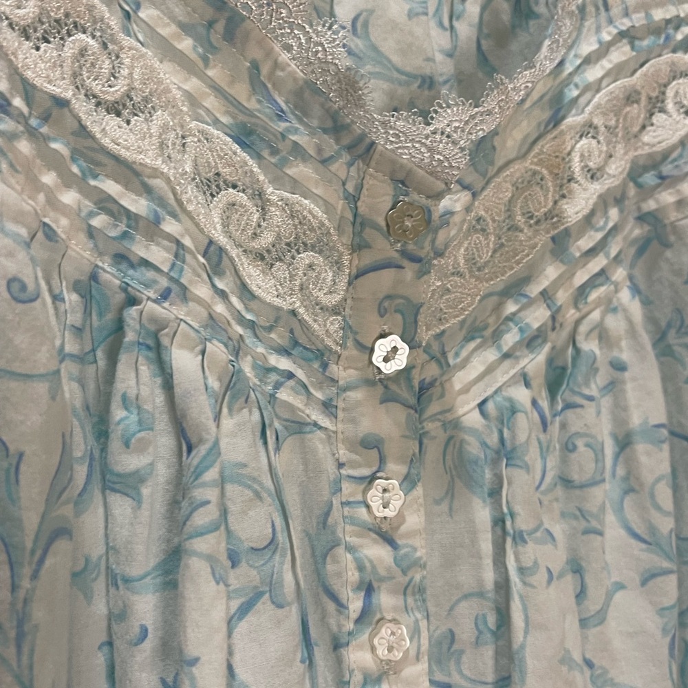 Eileen West Blue and White Lace Trim Nightgown 100% Cotton w/Pockets Size L - Picture 5 of 11